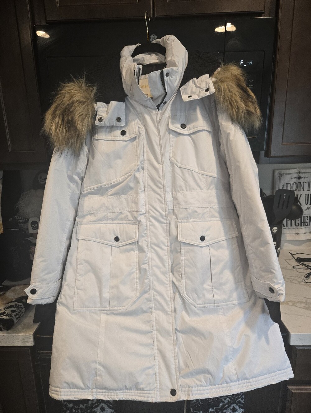 MADDEN GIRL White Parka Coat Sherpa Hood And removable Faux-Fur Trim. Size L